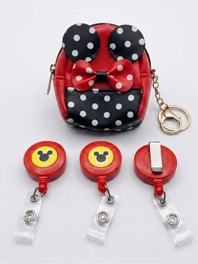 Minnie Mouse Red Polka Dot Mini Coin Purse Bag Charm + 3 Mickey ID Badge Holders